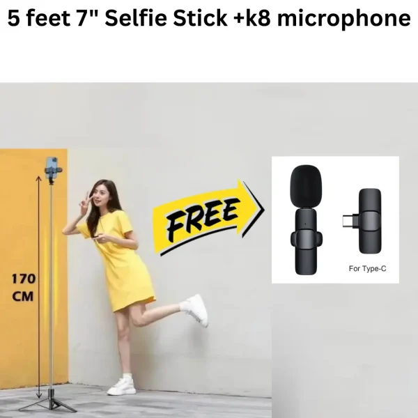 5.7 Feet Selfie Stick Tripod with LED Light and K8 Wireless Microphone