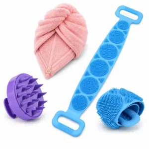 3 in 1 Shower Kit Combo Package – Scalp Massager, Hair Towel & Back Scrubber