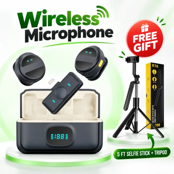 SX21 Dual Wireless Microphone with Charging Case + FREE R16 5‑Feet Selfie Stick/Tripod