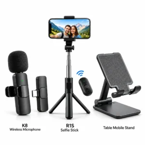 K8 Wireless Microphone + R1S Selfie Stick + Mobile Stand 3-in-1 Combo