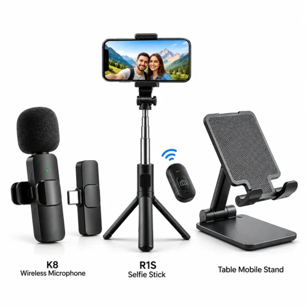 K8 Wireless Microphone + R1S Selfie Stick + Mobile Stand 3-in-1 Combo